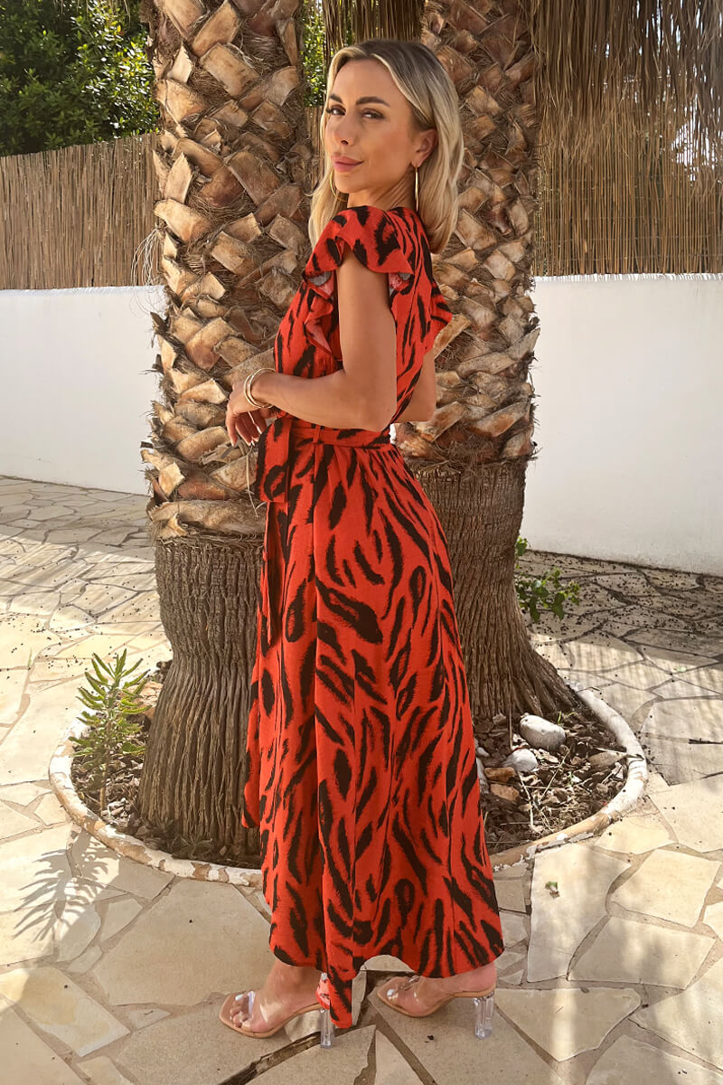 Orange Tiger Print Flutter Sleeve Belted Wrap Midi Dress