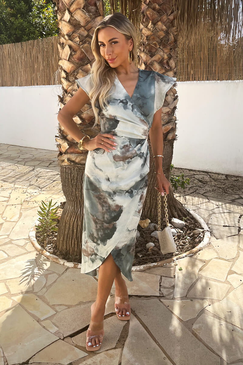 Duck Egg Marble Print Flutter Sleeve Wrap Midi Dress