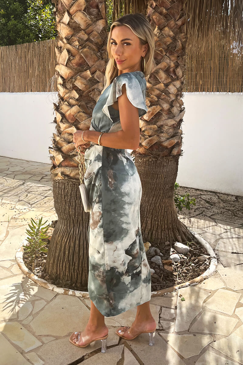 Duck Egg Marble Print Flutter Sleeve Wrap Midi Dress