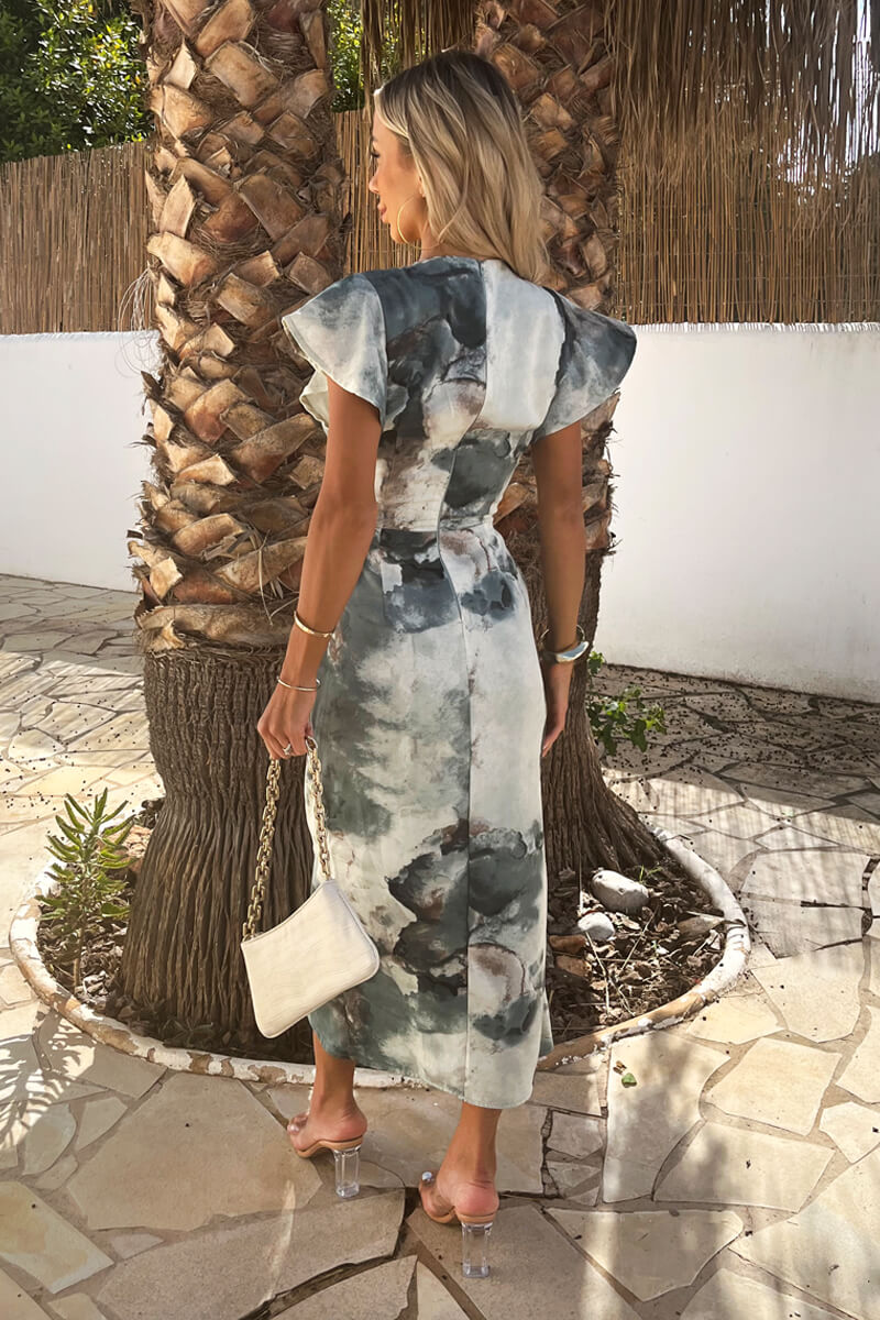 Duck Egg Marble Print Flutter Sleeve Wrap Midi Dress