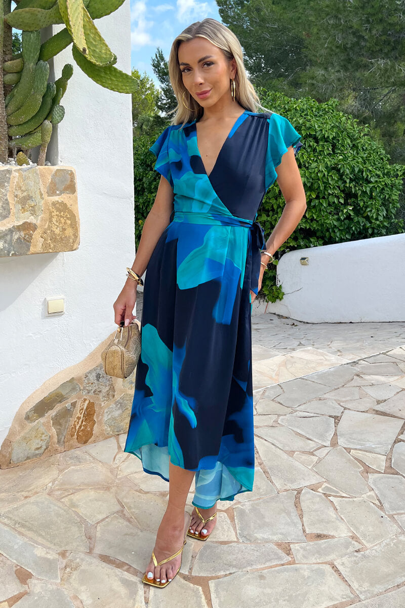 Navy Bold Floral Print Flutter Sleeve Belted Wrap Midi Dress
