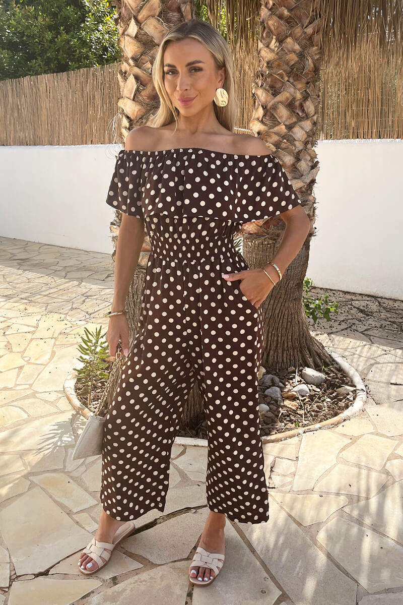 Chocolate Polka Dot Bardot Frill Culotte Jumpsuit