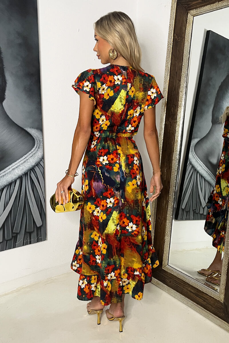Multi Floral Print Frill Hem Wrap Midi Dress