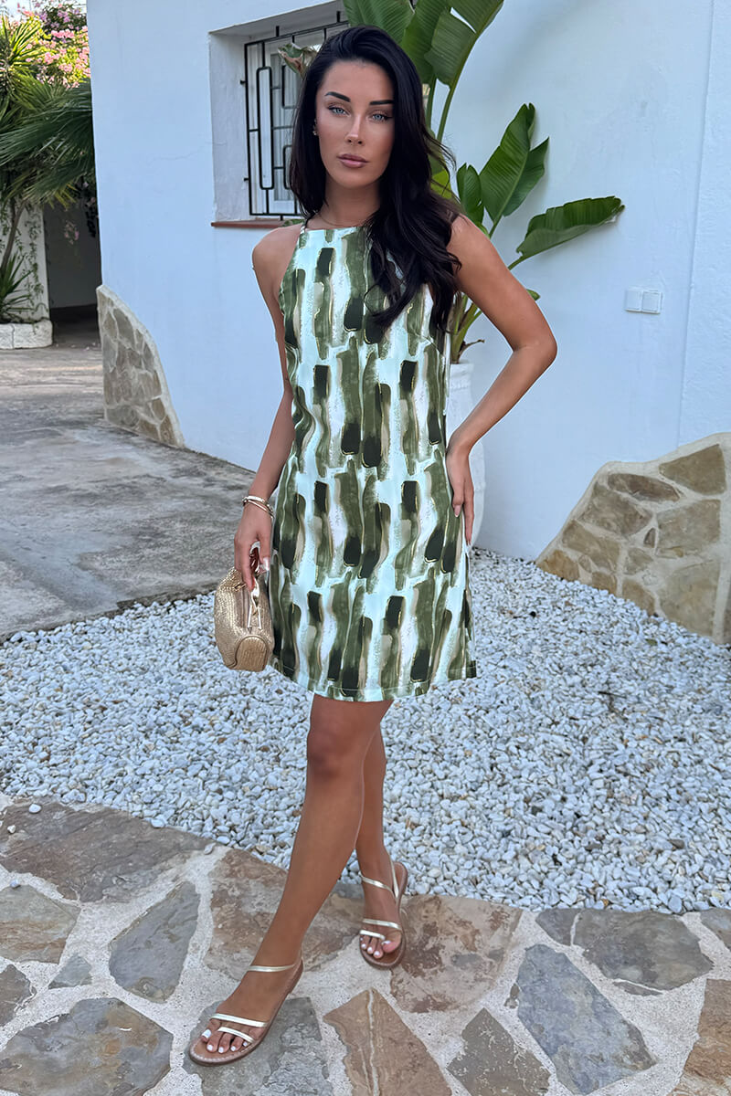 Khaki Brush Stroke Print Racer Neck Slip Mini Dress
