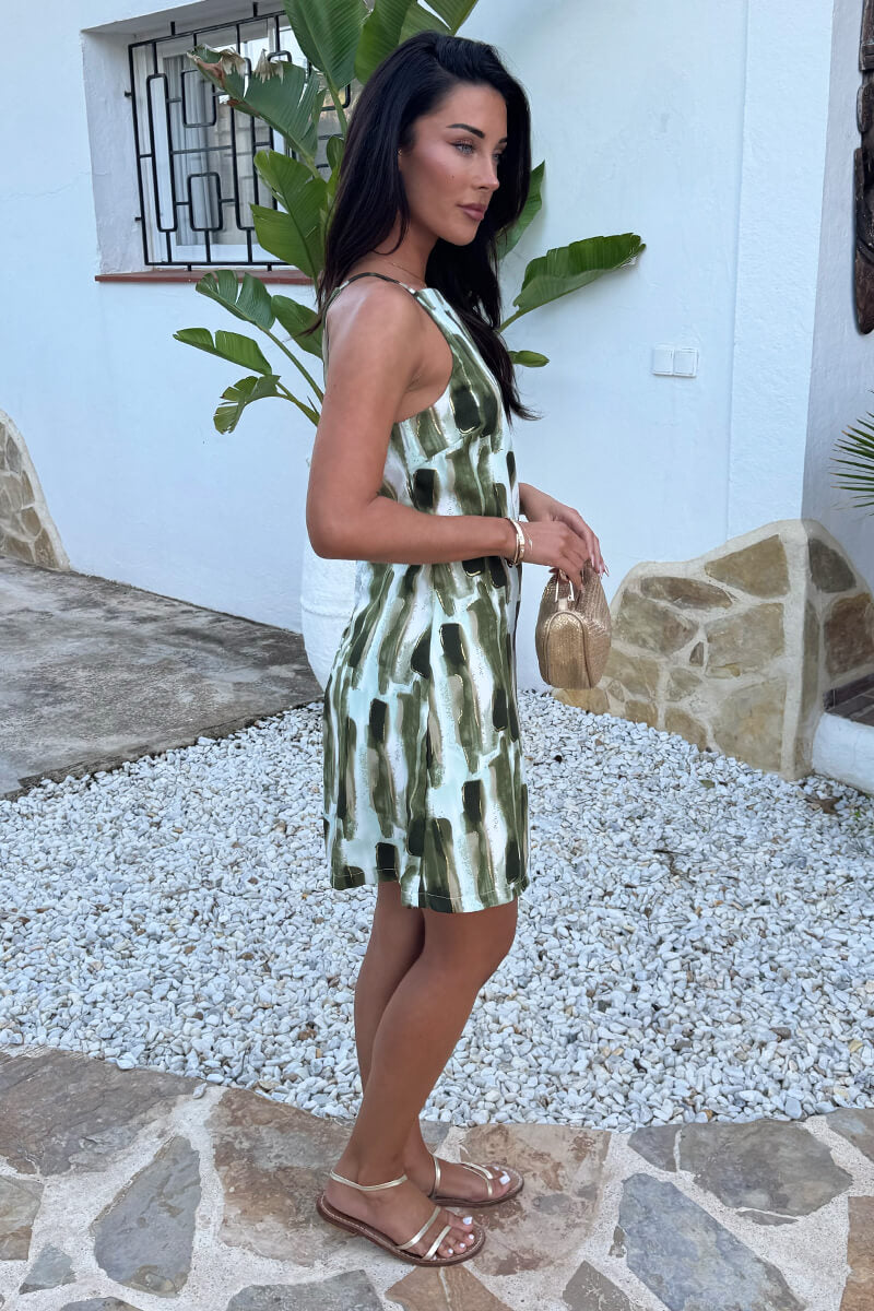Khaki Brush Stroke Print Racer Neck Slip Mini Dress