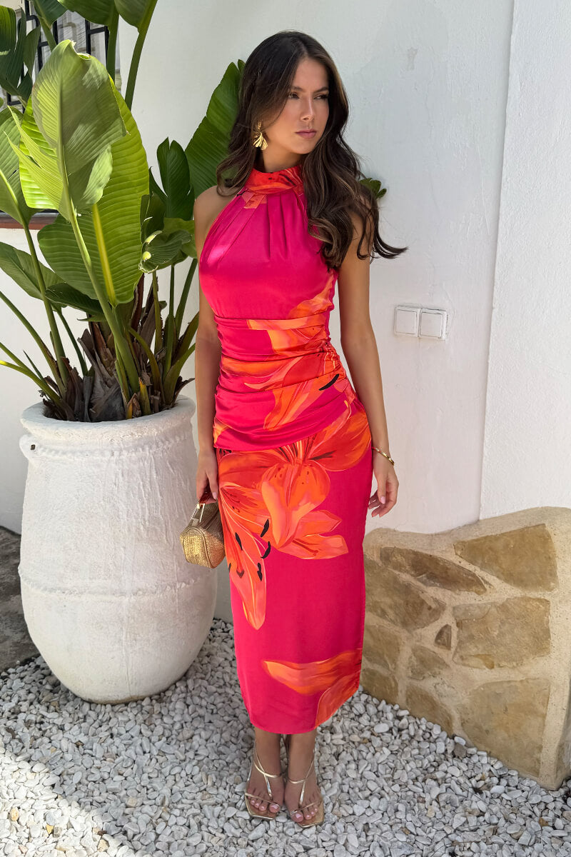 Pink And Orange Floral Print Halter Neck Midi Dress