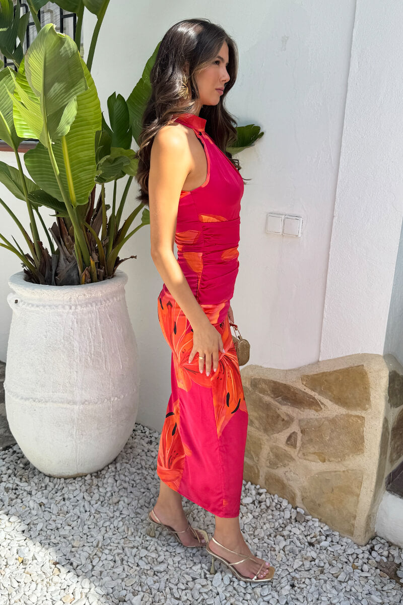 Pink And Orange Floral Print Halter Neck Midi Dress