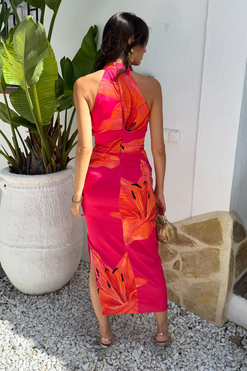 Pink And Orange Floral Print Halter Neck Midi Dress