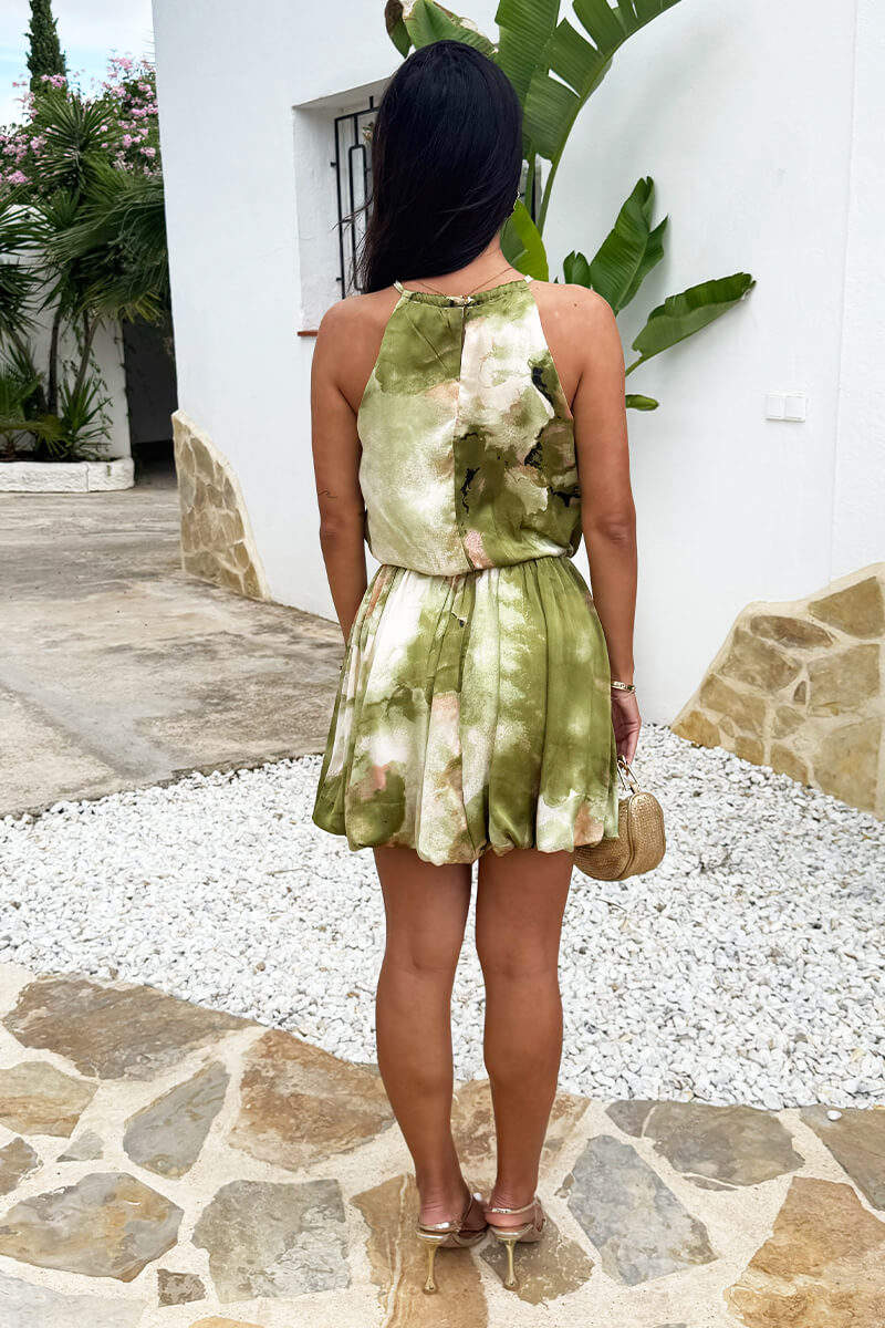 Lime Marble Print Racer Neck Bubble Hem Mini Dress