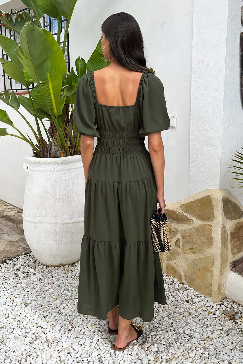 Khaki Puff Sleeve Shirred Waist Smock Midi Dress