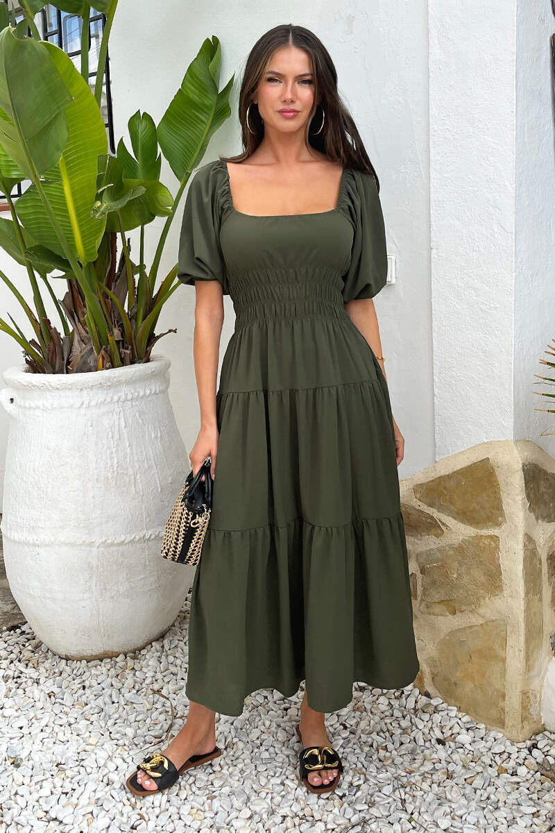 Khaki Puff Sleeve Shirred Waist Smock Midi Dress