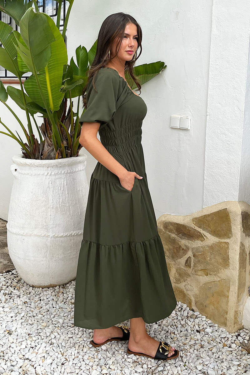 Khaki Puff Sleeve Shirred Waist Smock Midi Dress