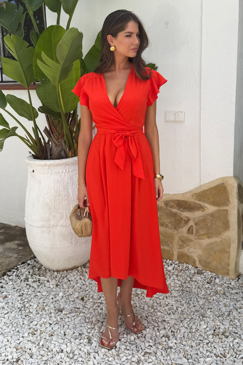 Burnt Orange Flutter Sleeve Belted Wrap Midi Dress