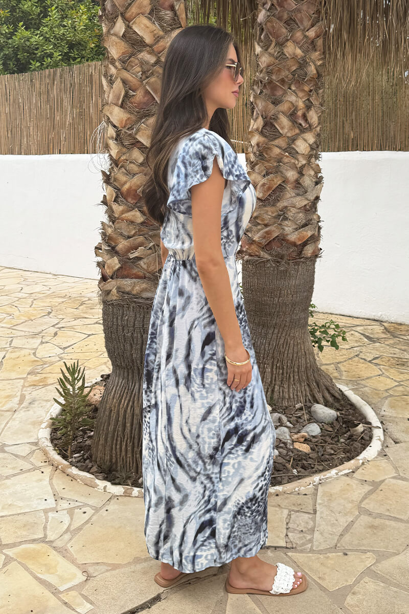 Blue Abstract Animal Print Flutter Sleeve Midi Dress