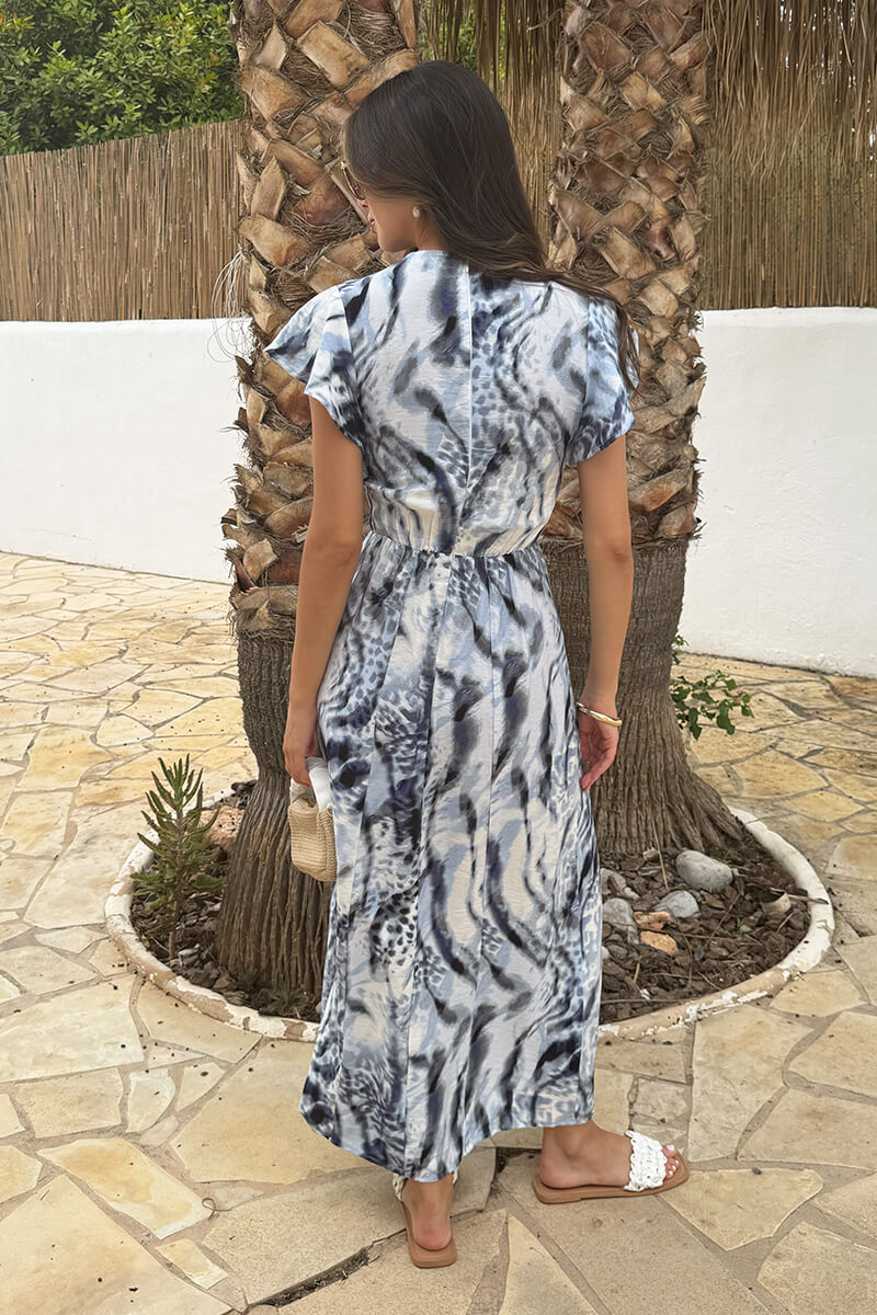 Blue Abstract Animal Print Flutter Sleeve Midi Dress