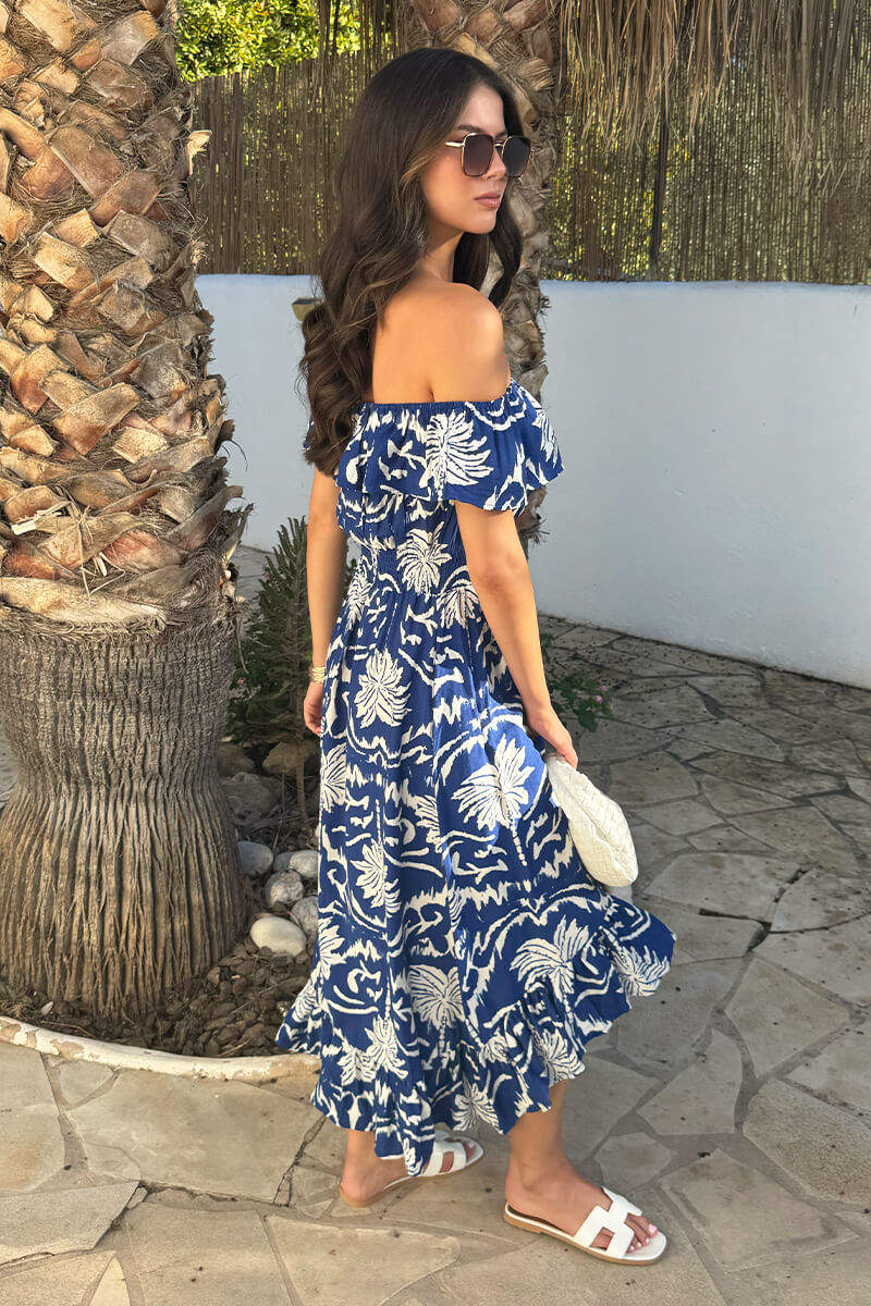 Blue Palm Tree Print Bardot Frill Hem Midi Dress