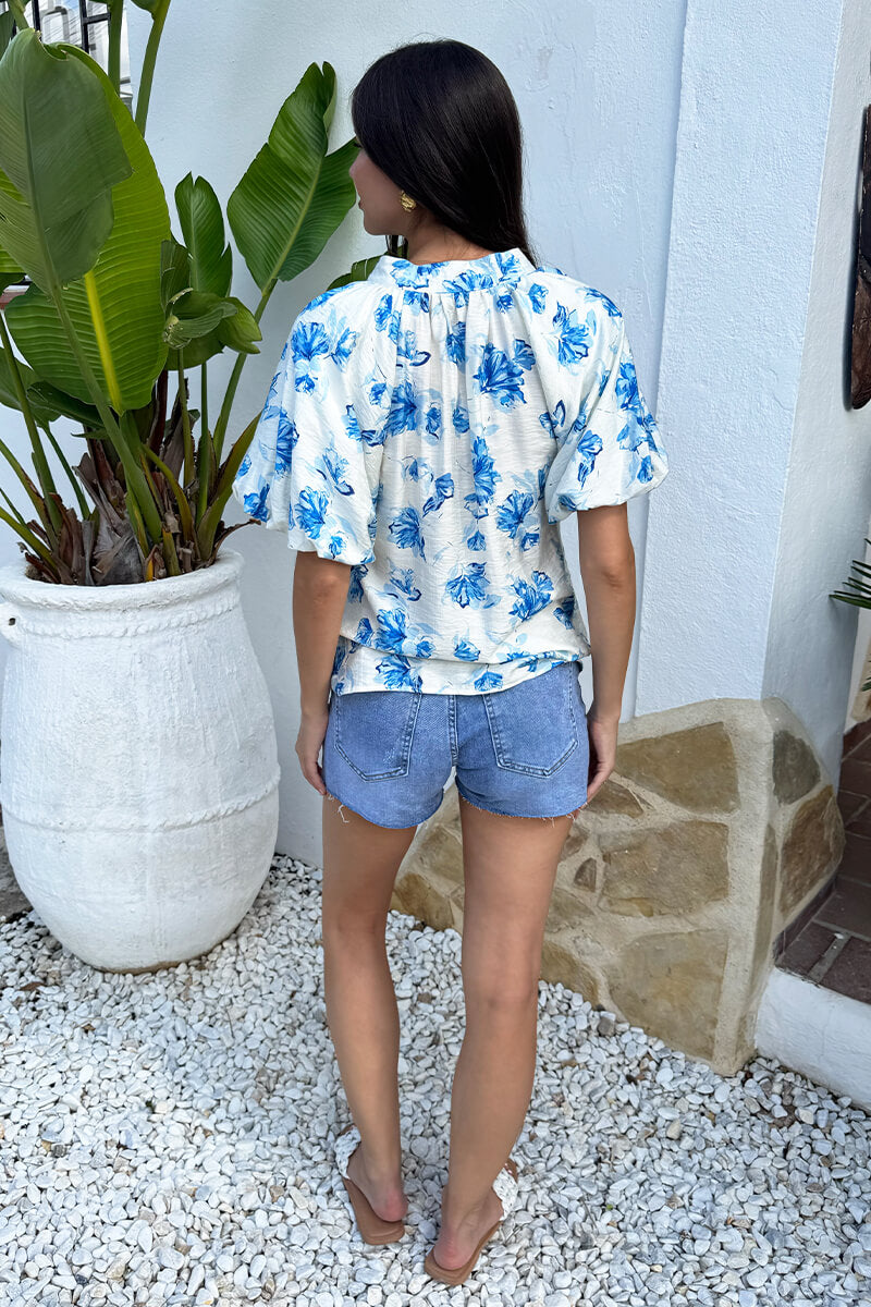 Blue And Cream Floral Print V-Neck Puff Sleeve Top