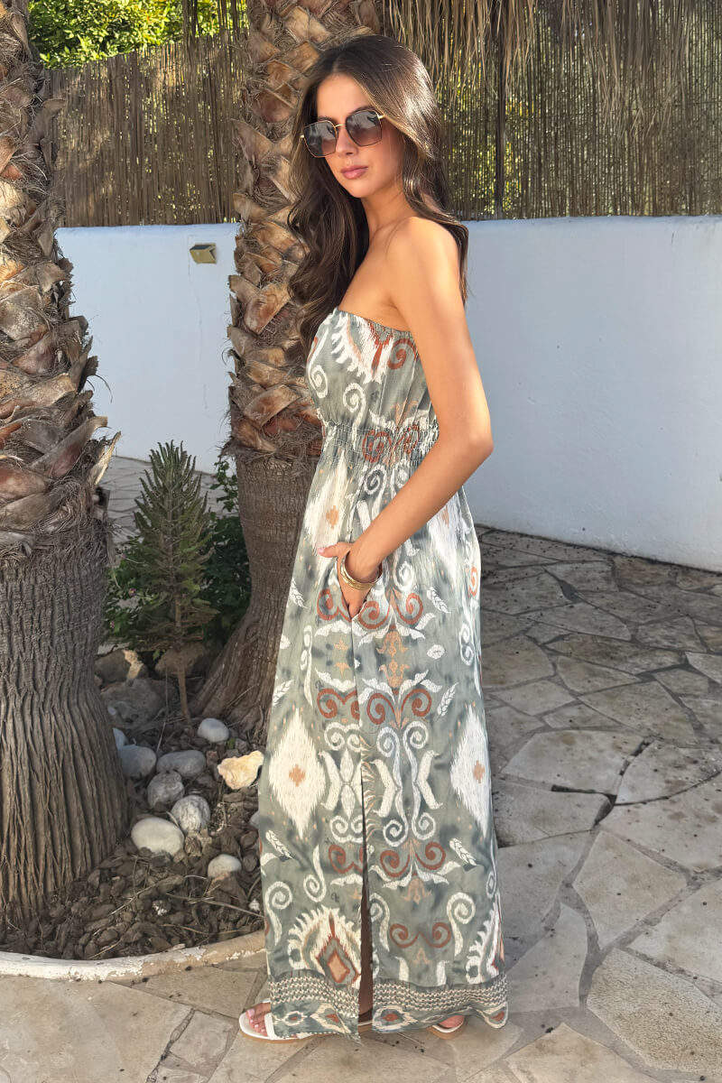 Multi Boho Print Strapless Shirred Waist Midi Dress