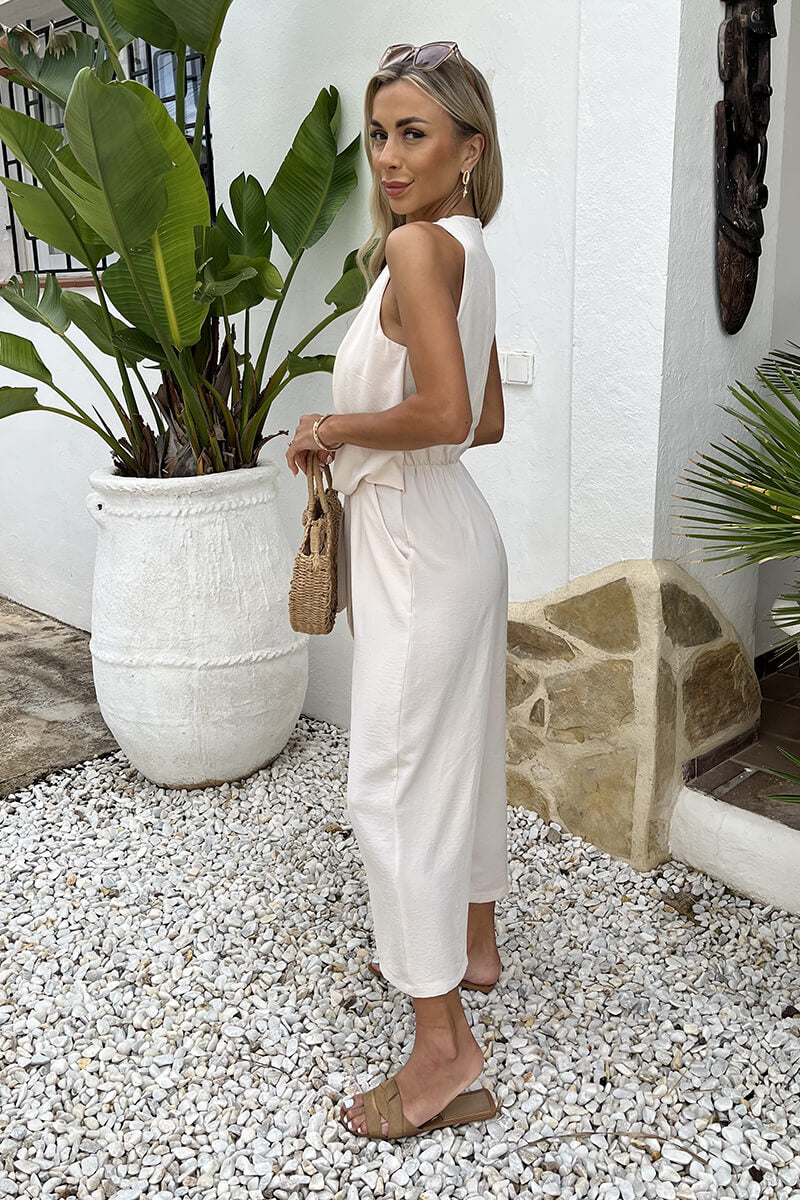 Stone Racer Neck Tie Waist Jumpsuit