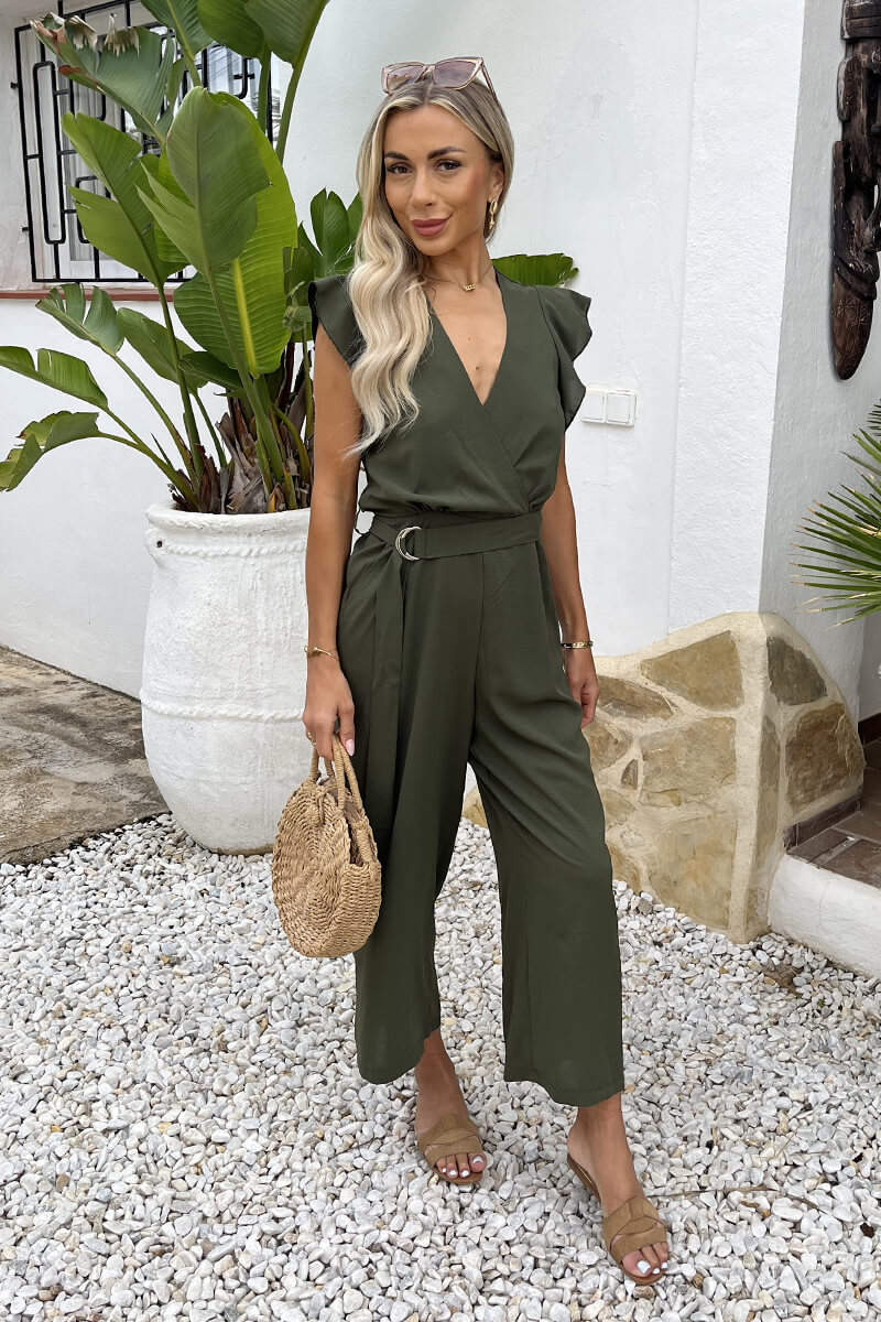 Khaki Wrap Top Flutter Sleeve Belted Jumpsuit