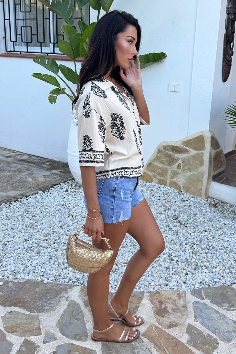 Cream Border Print Short Sleeve Boxy Shirt