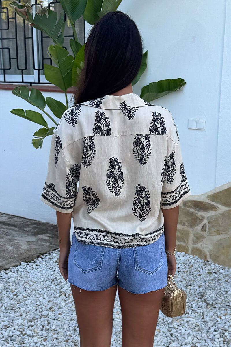 Cream Border Print Short Sleeve Boxy Shirt