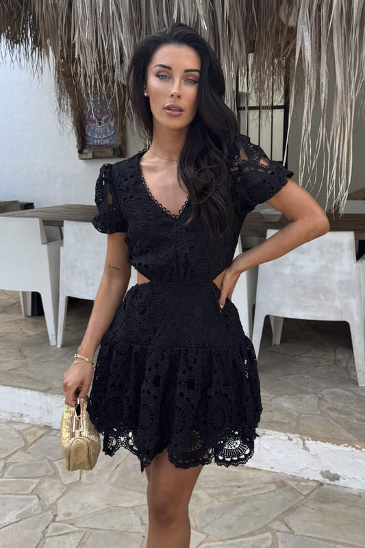Black Crochet Overlay Cut Out Tiered Mini Dress