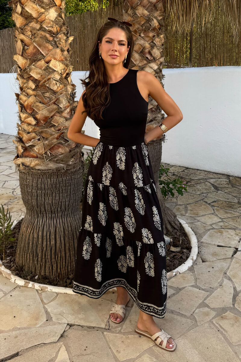 Black Border Print 2 In 1 Smock Midi Dress