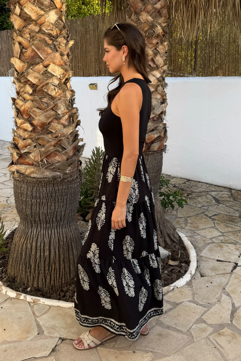 Black Border Print 2 In 1 Smock Midi Dress