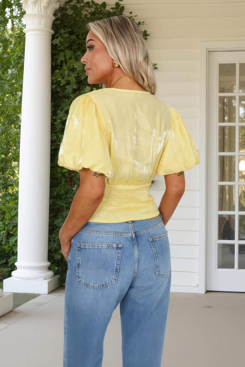 Yellow Puff Sleeve V-Neck Wrap Top