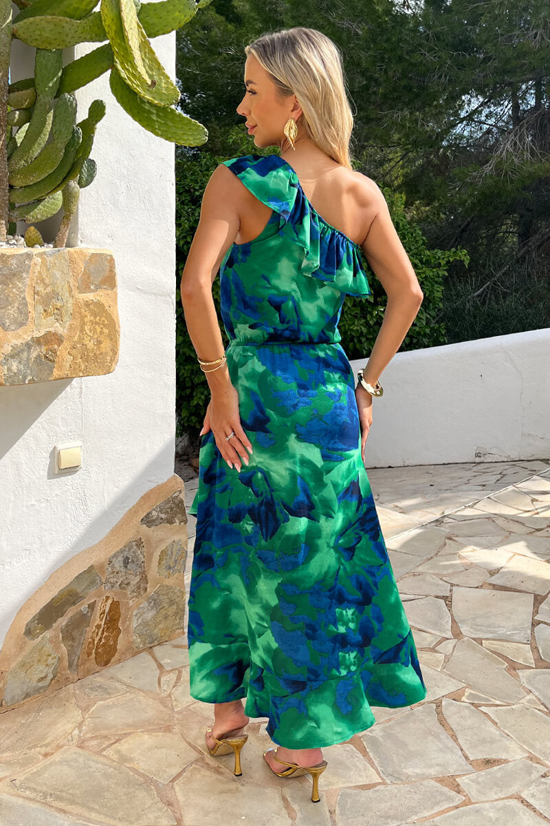 Green And Blue Abstract Print One Shoulder Frill Midi Dress