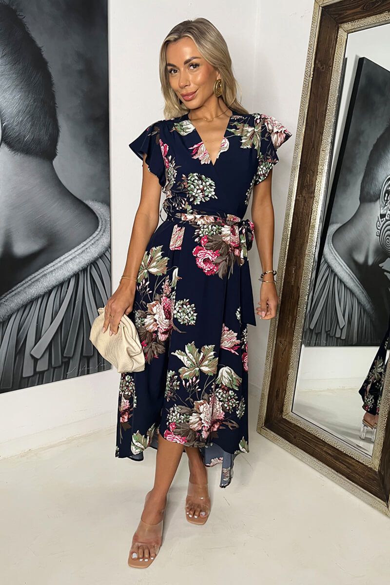 Navy Floral Printed Belted Wrap Midi Dress