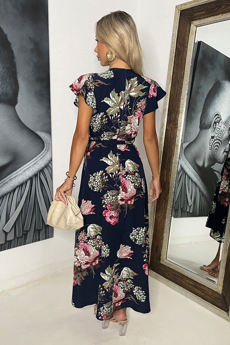 Navy Floral Printed Belted Wrap Midi Dress