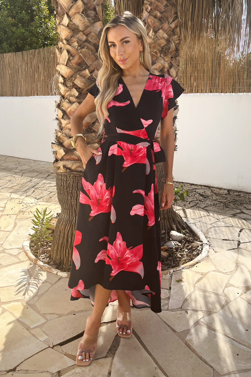 Black And Cerise Floral Print Belted Wrap Midi Dress