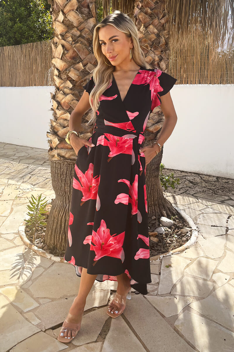 Black And Cerise Floral Print Belted Wrap Midi Dress