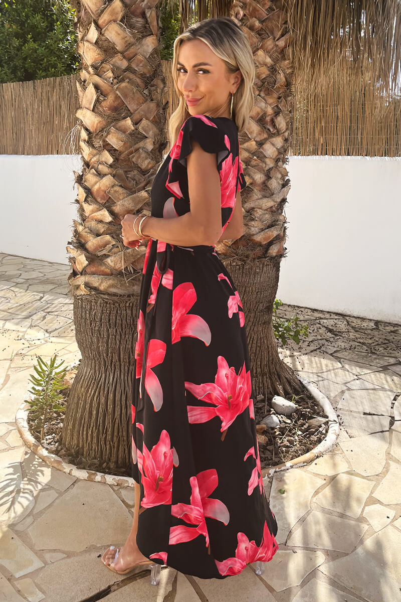 Black And Cerise Floral Print Belted Wrap Midi Dress