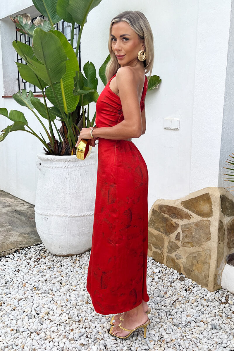 Red Smudge Print One Shoulder Twist Back Midi Dress