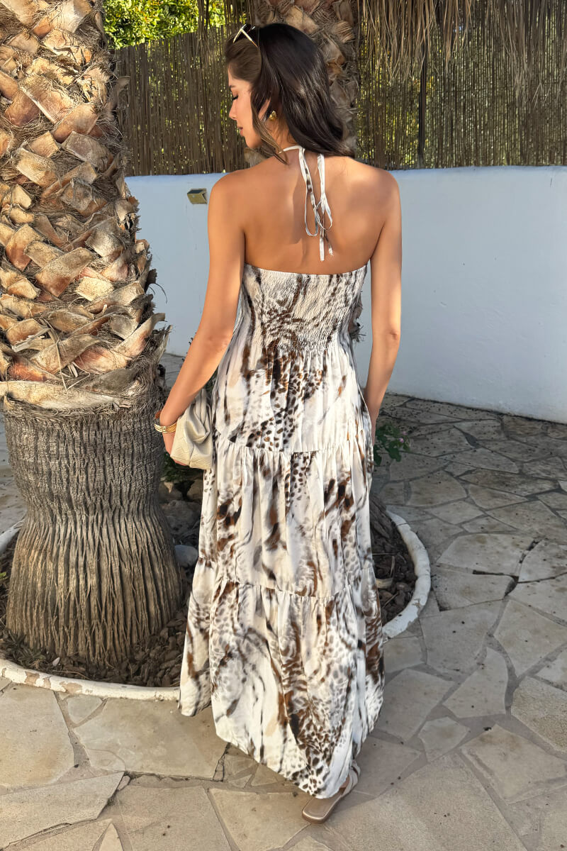Multi Animal Print Tie Neck Shirred Top Smock Midi Dress