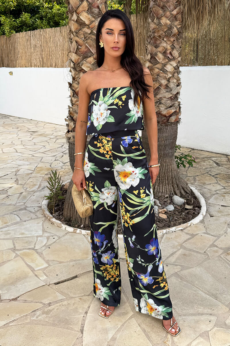 Black Floral Print Strapless Fold Over Top Jumpsuit