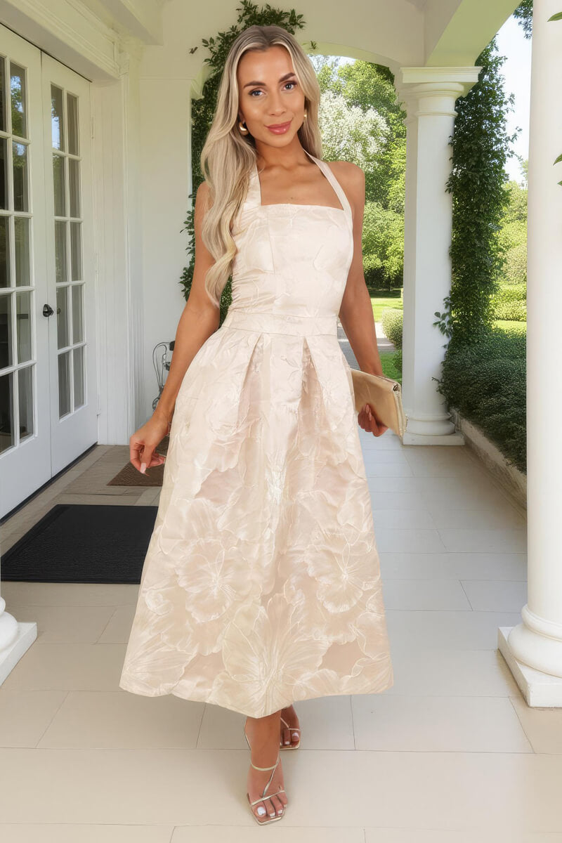 Blush Floral Jacquard Tie Neck A-Line Midi Dress