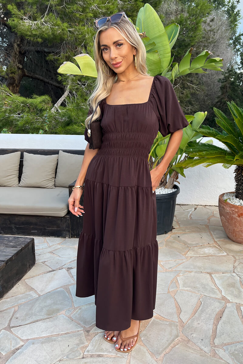 Chocolate Puff Sleeve Shirred Waist Smock Midi Dress