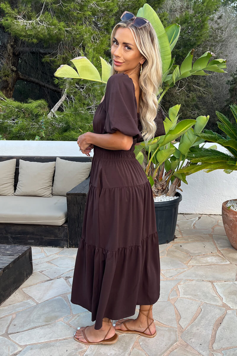 Chocolate Puff Sleeve Shirred Waist Smock Midi Dress