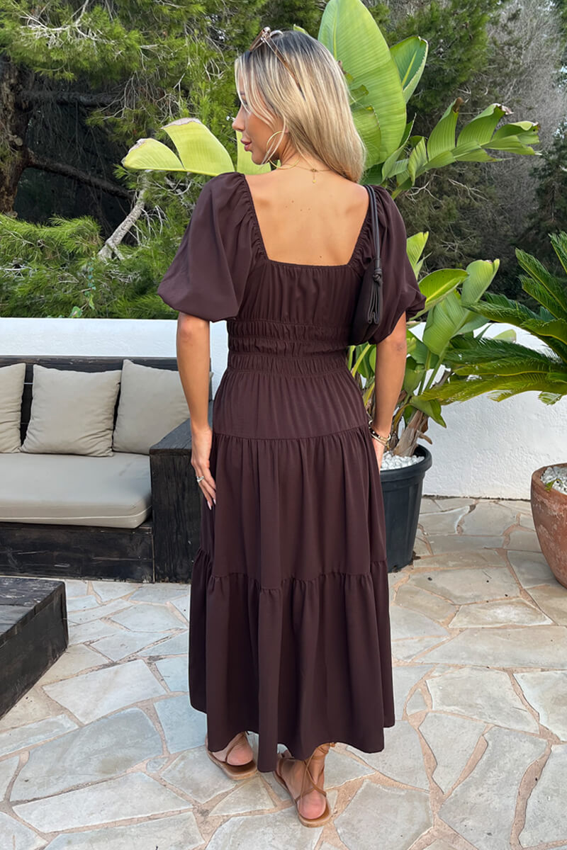 Chocolate Puff Sleeve Shirred Waist Smock Midi Dress