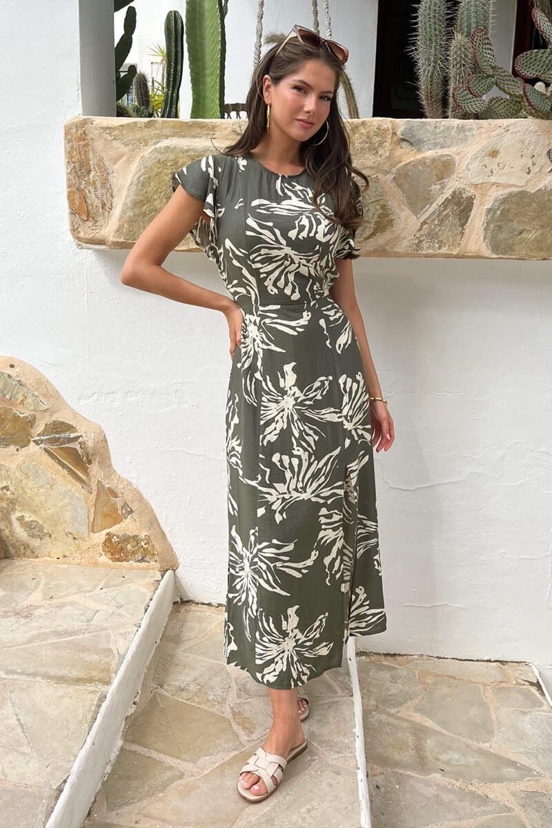 Khaki Abstract Floral Print Flutter Sleeve Midi Dress
