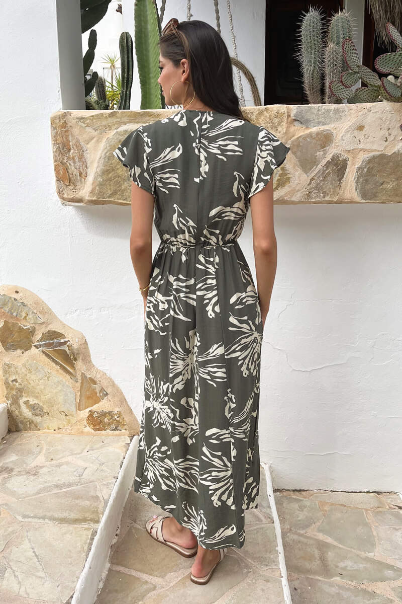 Khaki Abstract Floral Print Flutter Sleeve Midi Dress