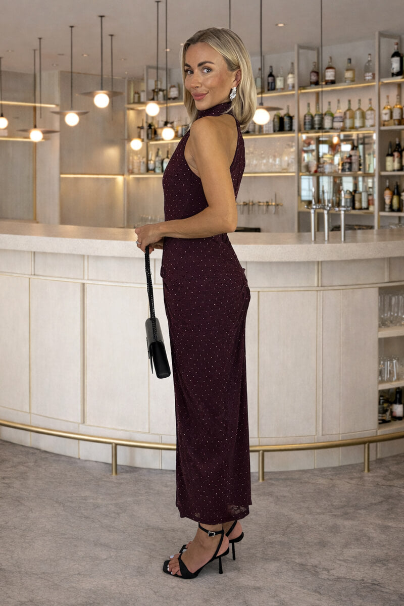 Plum Jacquard Diamante Halter Neck Knot Skirt Midi Dress