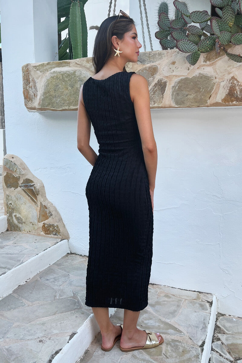 Black Textured Asymmetric Neckline Bodycon Midi Dress