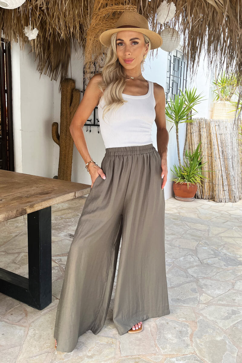 Khaki High Waist Palazzo Trousers