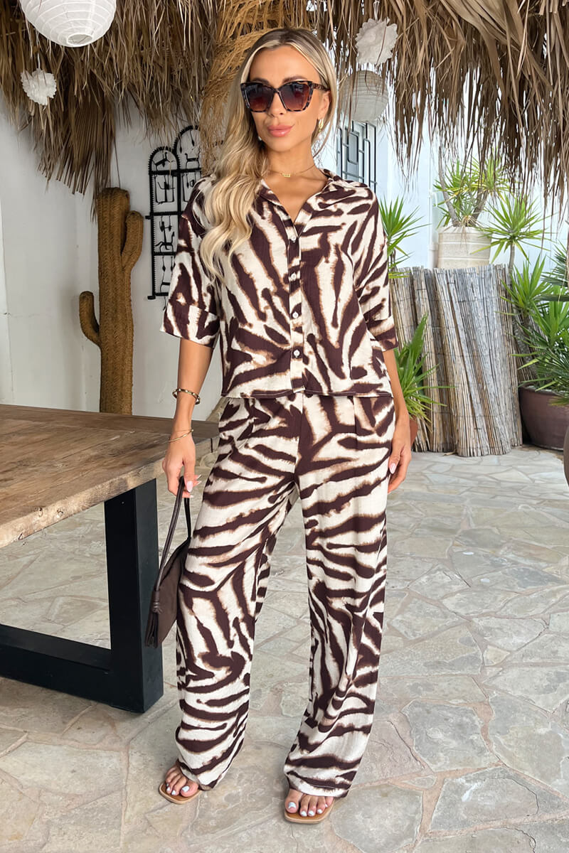 Brown Animal Print Short Sleeve Boxy Shirt