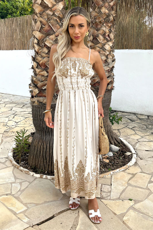 Cream Boho Vine Print Strappy Shirred Waist Midi Dress